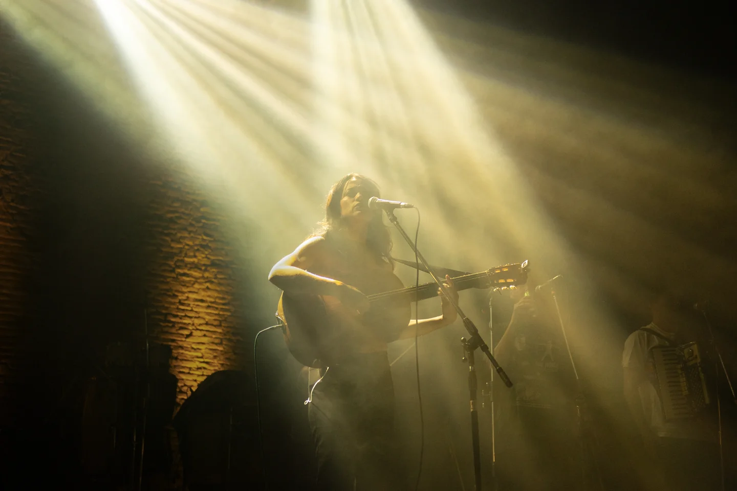 Cantante con guitarra ante un micrófono, entre haces de luz amarilla y humo en un escenario